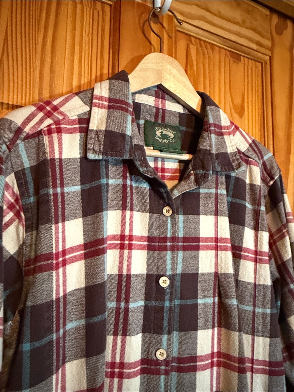 Stillwater Supply Plaid Button-Down Tunic Shirt in Burgundy, Brown & Cream - Picture 3 of 6